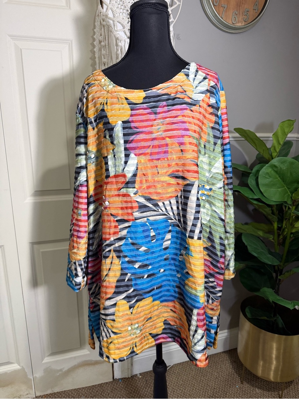 Multiples Colorful Striped & Floral Scoop Neck Top size 2X